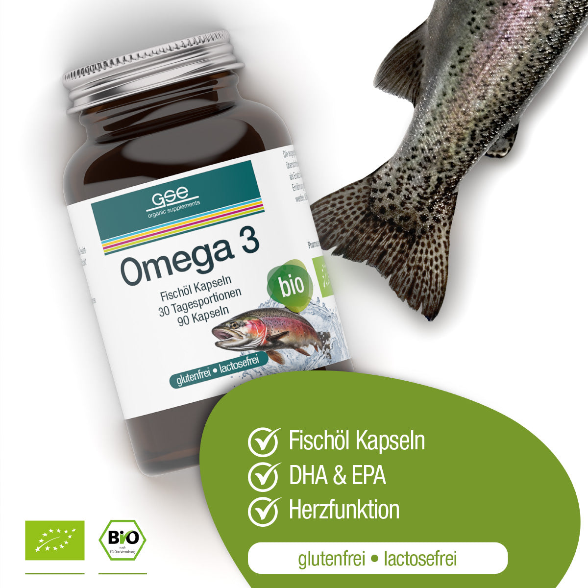 Eine Flasche gse.organic.supplements Omega 3 Fischöl Kapseln (Bio) ist mit einem Fisch und einem Etikett abgebildet. Der Text hebt hervor: DHA & EPA, unterstützt die Herzfunktion, gluten- & laktosefrei, und Bio-Qualität mit zertifizierten Symbolen.