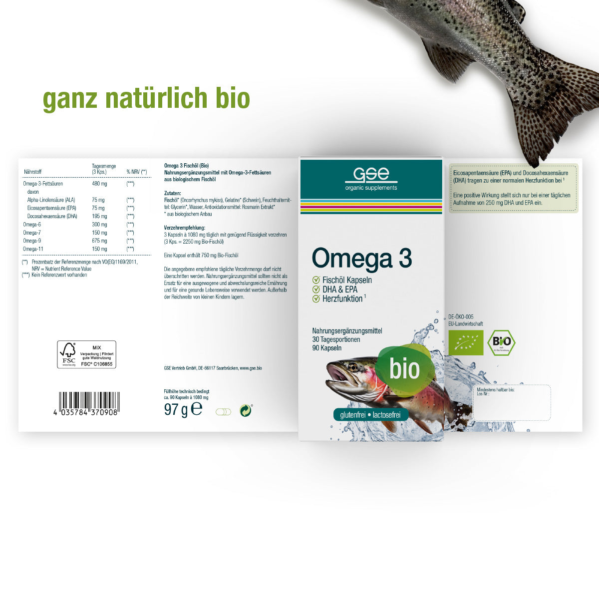 Eine Packung Omega 3 Fischöl Kapseln (Bio) von gse.organic.supplements wird mit einem Lachsbild, Bio-Zertifizierungen und "ganz natürlich bio" abgebildet, um die Bio-Qualität und den hohen DHA- und EPA-Anteil aus biologischen Zutaten hervorzuheben.