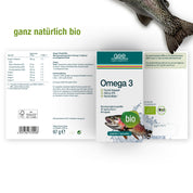 Eine Packung Omega 3 Fischöl Kapseln (Bio) von gse.organic.supplements wird mit einem Lachsbild, Bio-Zertifizierungen und "ganz natürlich bio" abgebildet, um die Bio-Qualität und den hohen DHA- und EPA-Anteil aus biologischen Zutaten hervorzuheben.