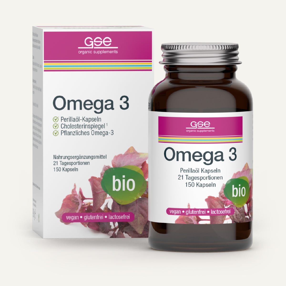 Eine braune Glasflasche und eine Schachtel von gse.organic.supplements Omega 3 Perillaöl Vegan (Bio) sind mit Bio-Etiketten, deutschem Text, rosa und grünen Akzenten, Angaben zu pflanzlich und vegan und Bildern von lila Perillablättern abgebildet.