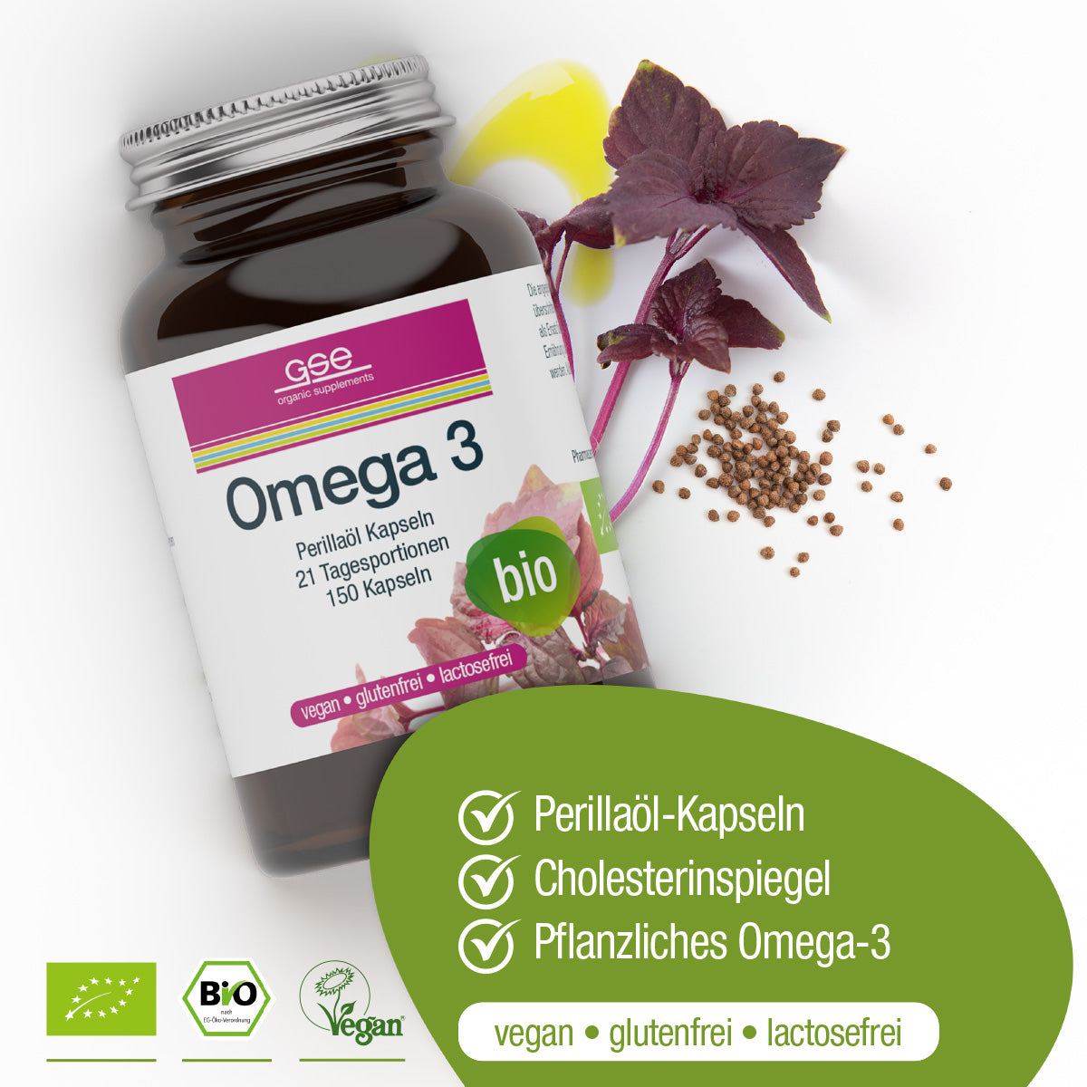 Eine Flasche gse.organic.supplements Omega 3 Perillaöl Vegan (Bio) ist mit violetten Basilikumblättern, Samen und Öl abgebildet. Das Etikett enthält Angaben zu Bio, Vegan, Gluten- und Laktosefreiheit. Grüne Symbole heben den pflanzlichen Omega-3-Gehalt hervor.