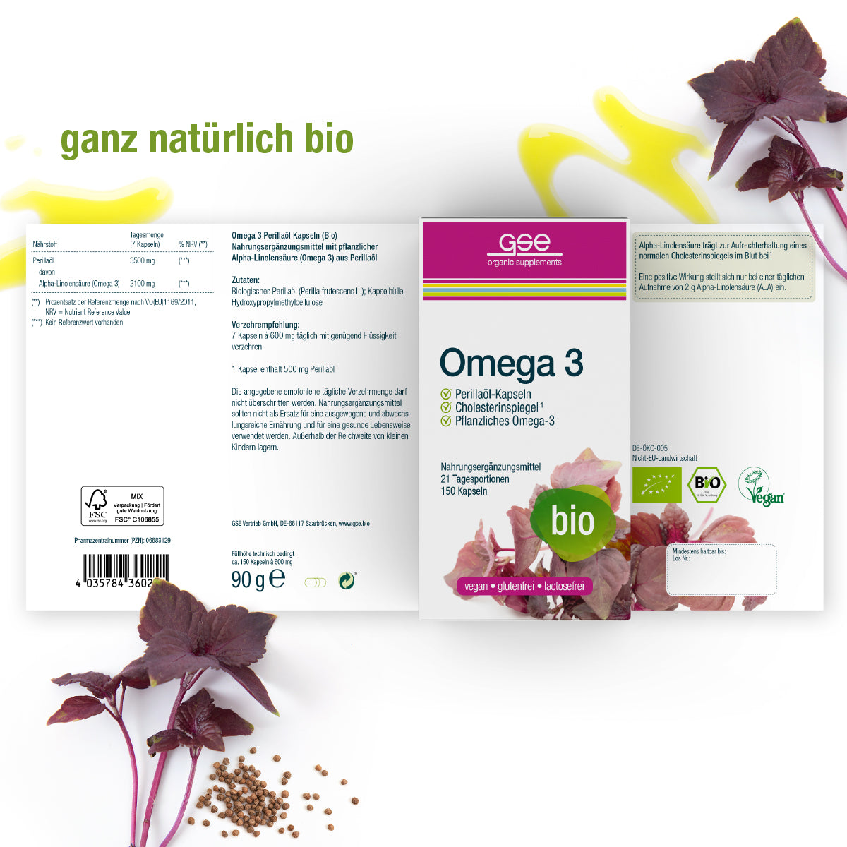 Eine Dose Omega 3 Perillaöl Vegan (Bio) von gse.organic.supplements ist mit deutschem Text, Vegan- und Bio-Symbolen sowie violetten Perilla-Blättern und -Samen versehen. Oben steht in grüner Schrift "Ganz natürlich bio".