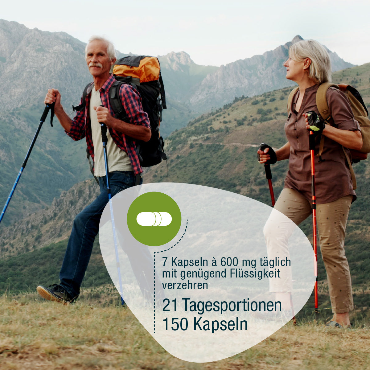 Ein älteres Paar wandert in den Bergen. Deutscher Text beschreibt gse.organic.supplements Omega 3 Perillaöl Vegan (Bio): 7 vegane Kapseln (je 600 mg) täglich, 21 Portionen, 150 Kapseln pro Packung.