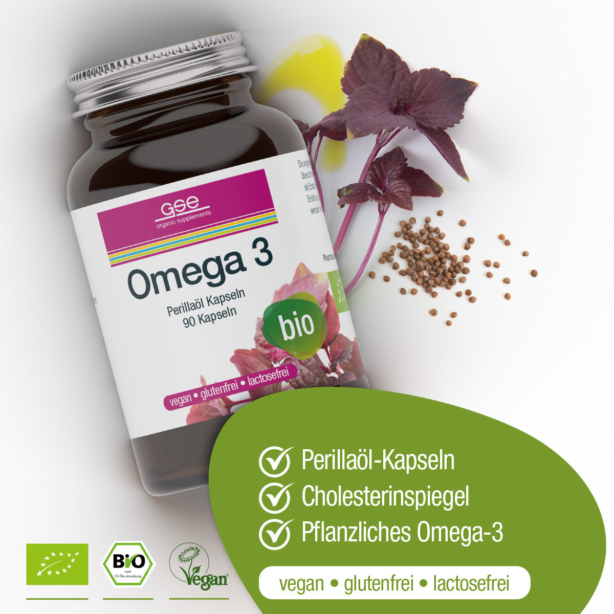 Eine Flasche gse.organic.supplements Omega 3 Perillaöl Vegan (Bio) erscheint mit Perillablättern und -samen und einem grünen Etikett, auf dem steht: cholesterinfördernd, vegan, glutenfrei, laktosefrei und reich an pflanzlichem Omega-3.