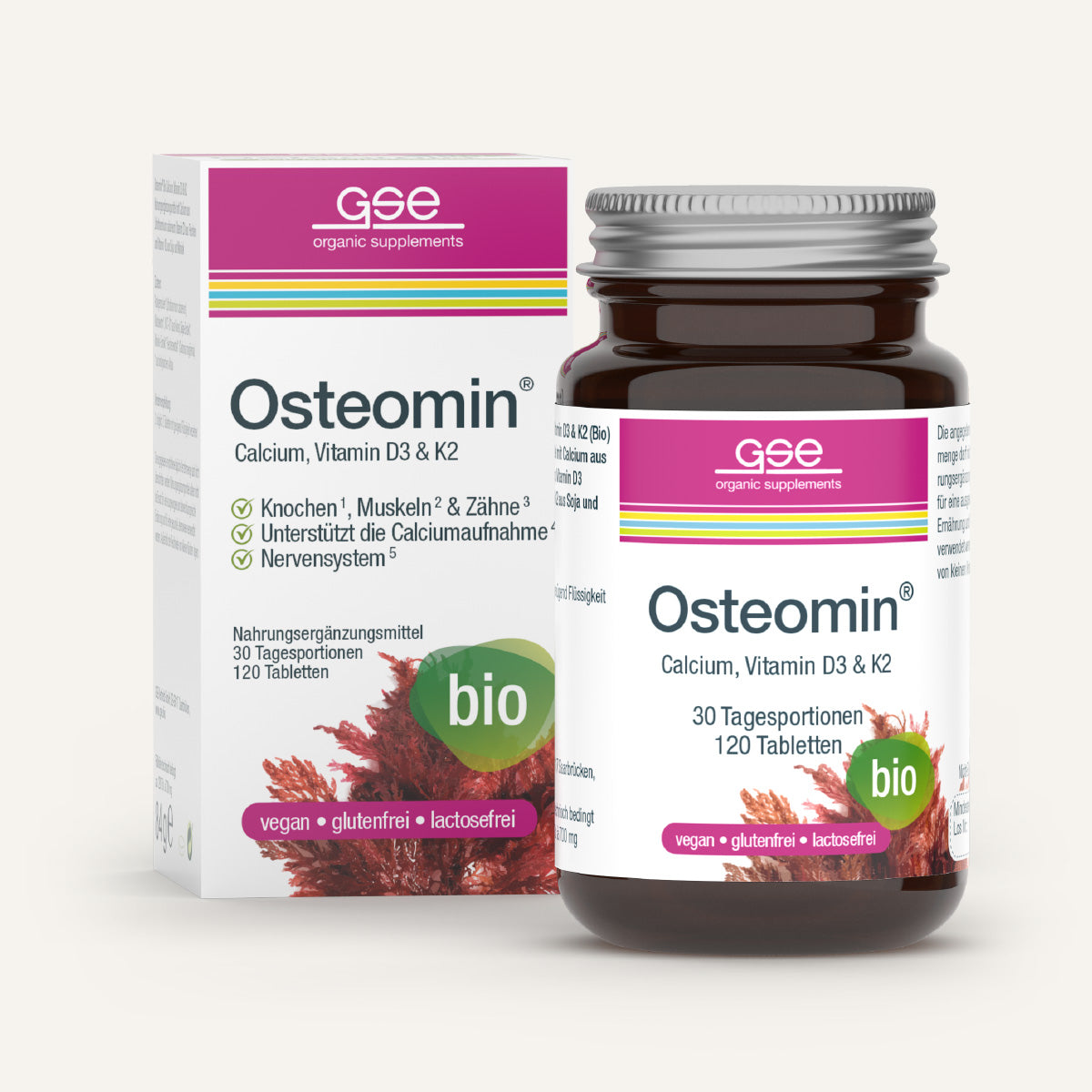 grünen Akzenten, gekennzeichnet als bio, vegan, glutenfrei und laktosefrei.