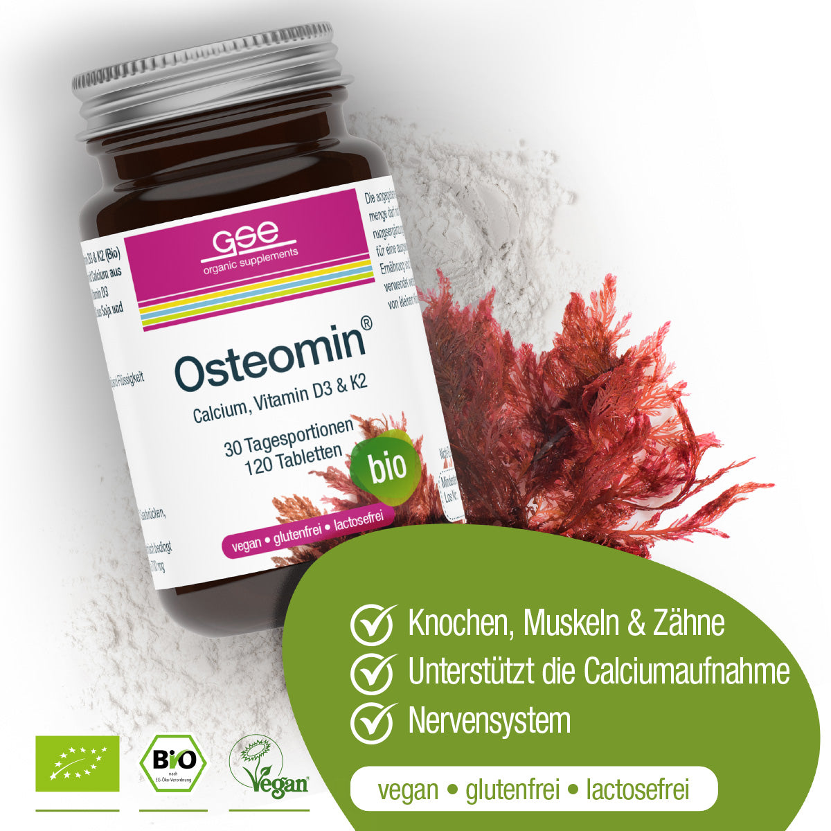 Eine Flasche Osteomin® (Bio) von gse.organic.supplements, die als biologisch, vegan, glutenfrei und laktosefrei gekennzeichnet ist, ruht auf weißem Pulver neben rotem Seetang. Eine grüne Infobox zeigt die Vorteile: starke Knochen, Kalziumaufnahme und Vitamin D3-Unterstützung.