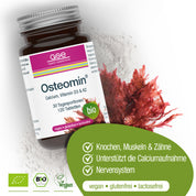 Eine Flasche Osteomin® (Bio) von gse.organic.supplements, die als biologisch, vegan, glutenfrei und laktosefrei gekennzeichnet ist, ruht auf weißem Pulver neben rotem Seetang. Eine grüne Infobox zeigt die Vorteile: starke Knochen, Kalziumaufnahme und Vitamin D3-Unterstützung.