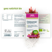 Osteomin® (Bio) von gse.organic.supplements hat eine Verpackung mit grünem Akzent und Algenmotiv. Das vegane, gluten- und laktosefreie Etikett hebt Calcium & Vitamin D3 für starke Knochen sowie natürliche, biologische und bio-zertifizierte Inhaltsstoffe hervor.