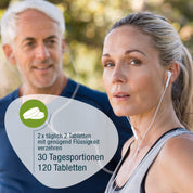 Eine Frau und ein Mann in Sportkleidung mit Kopfhörern joggen im Freien. Deutscher Text hebt Osteomin® (Bio) von gse.organic.supplements hervor: Zweimal täglich 2 Tabletten mit Flüssigkeit einnehmen - 120 Tabletten für 30 Tage zur Unterstützung starker Knochen mit Calcium und Vitamin D3.