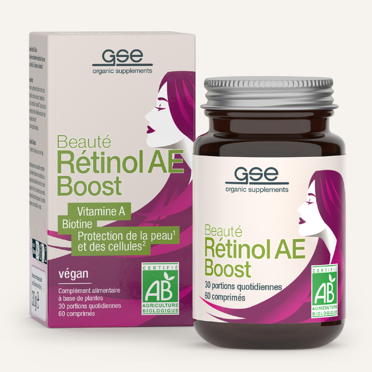 Eine Schachtel und eine Flasche gse.organic.supplements Beauty Retinol-AE Boost (Bio) FR, die das Profil einer Frau mit wallendem Haar zeigen. Die vegane Verpackung hebt Retinol, Biotin und Vitamin A hervor.