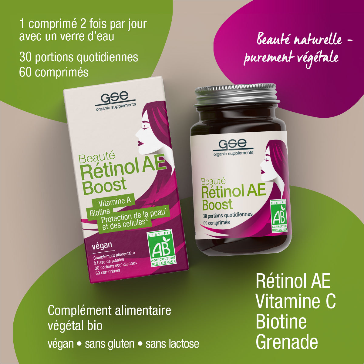 Schachtel und Flasche gse.organic.supplements Beauty Retinol-AE Boost (Bio) FR mit einem stilisierten Frauenprofil und Informationen zu Retinol, Biotin, Vitamin C und Granatapfel. Der Text hebt vegane und pflanzliche Inhaltsstoffe hervor.