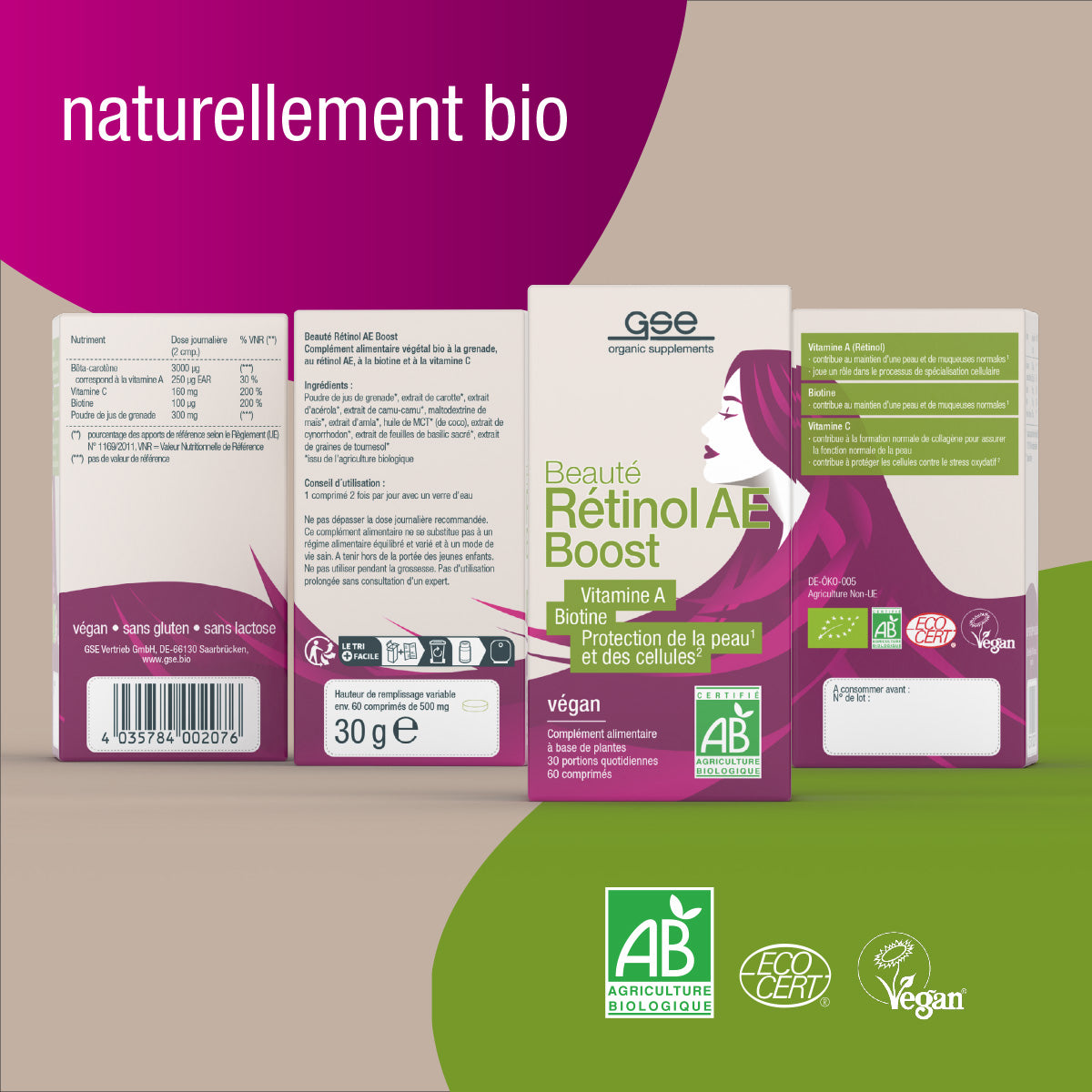 Schachteln von gse.organic.supplements Beauty Retinol-AE Boost (Bio) FR mit Produktinformationen, französischem Text, veganen und biologischen Siegeln, einer stilisierten langhaarigen Frau und einem rosa-grünen Hintergrund, der die Biotin- und Retinol-Formel hervorhebt.