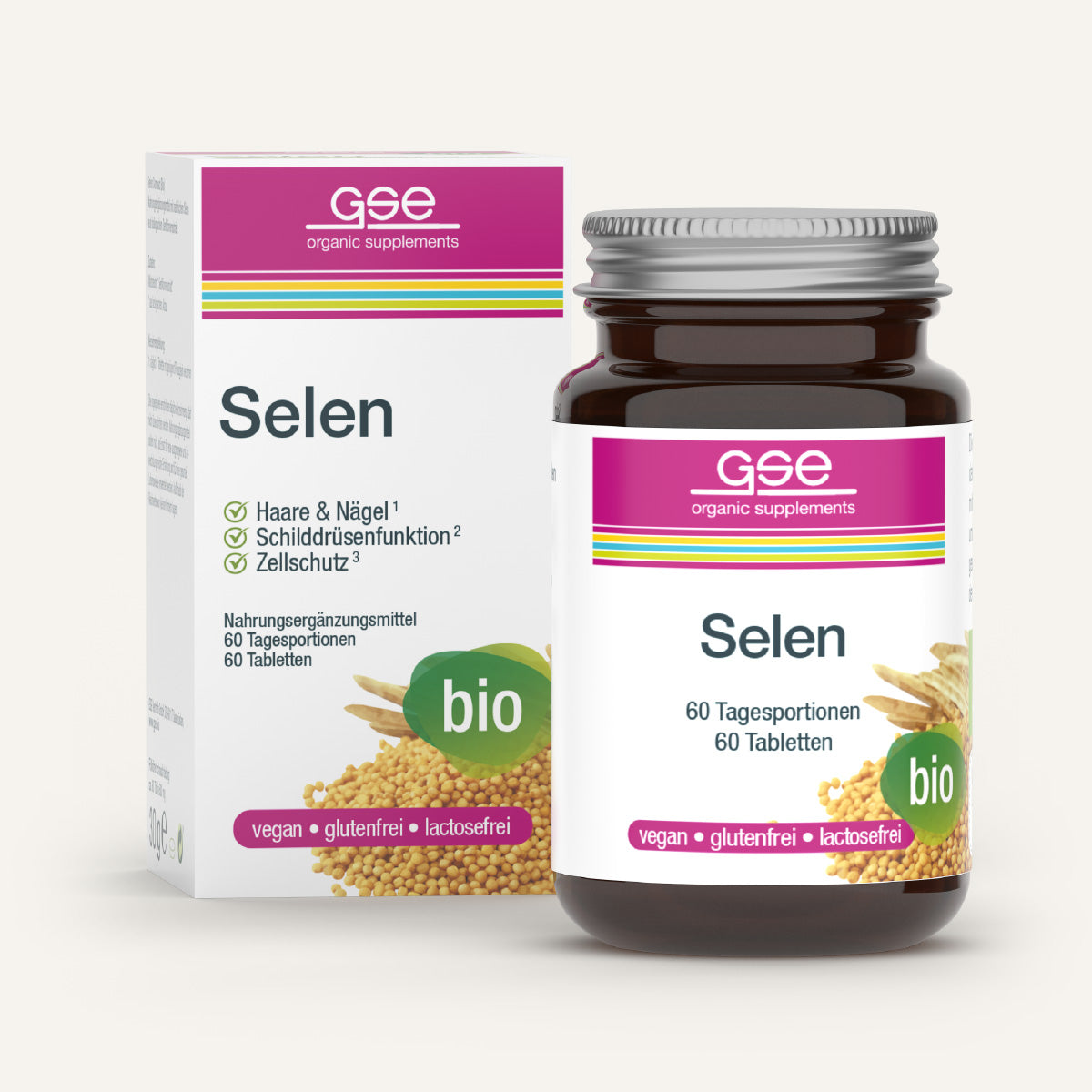 Eine braune Glasflasche und eine Schachtel mit der Aufschrift gse.organic.supplements Selen Compact (Bio) sind mit grünen biozertifizierten Plaketten versehen, weisen auf die vegane, glutenfreie und laktosefreie Qualität hin und enthalten 60 Tabletten zur täglichen Unterstützung des Immunsystems.