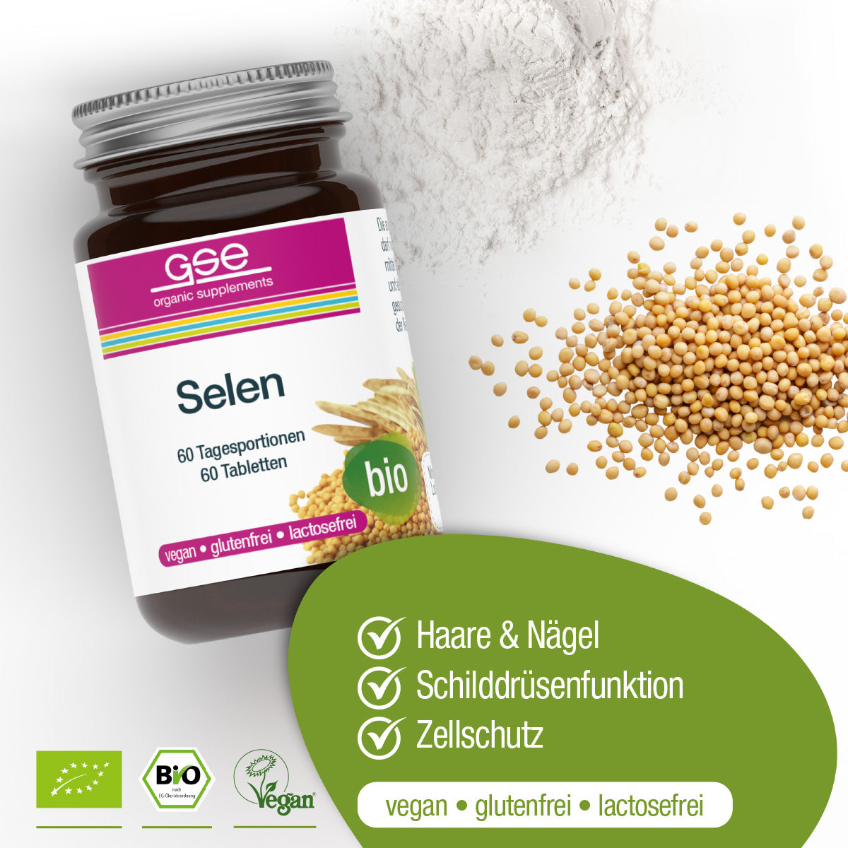 Ein Döschen Selen Compact (Bio) von gse.organic.supplements steht neben Pulver und Senfkörnern. Die veganen, glutenfreien und laktosefreien Tabletten unterstützen das Immunsystem, Haare, Nägel, die Schilddrüse und den Zellschutz.