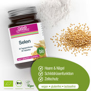 Ein Döschen Selen Compact (Bio) von gse.organic.supplements steht neben Pulver und Senfkörnern. Die veganen, glutenfreien und laktosefreien Tabletten unterstützen das Immunsystem, Haare, Nägel, die Schilddrüse und den Zellschutz.