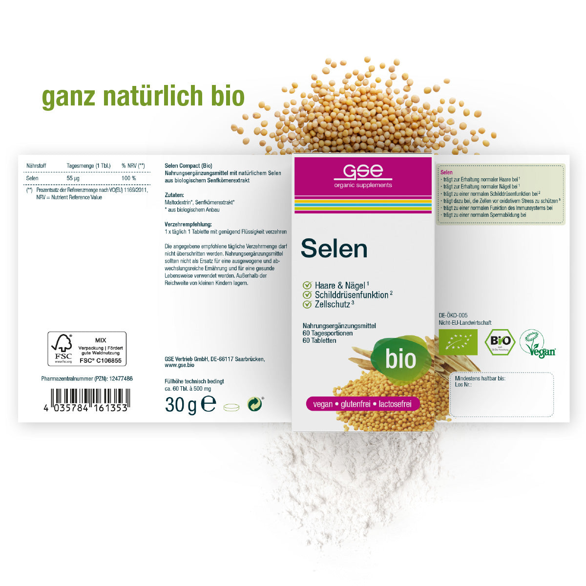 Die Produktverpackung von Selen Compact (Bio) von gse.organic.supplements zeigt ein gelbes Granulat über der Schachtel. Das Etikett weist darauf hin, dass es biozertifiziert, vegan, gluten- und laktosefrei ist - ideal zur Unterstützung des Immunsystems.