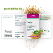 Die Produktverpackung von Selen Compact (Bio) von gse.organic.supplements zeigt ein gelbes Granulat über der Schachtel. Das Etikett weist darauf hin, dass es biozertifiziert, vegan, gluten- und laktosefrei ist - ideal zur Unterstützung des Immunsystems.