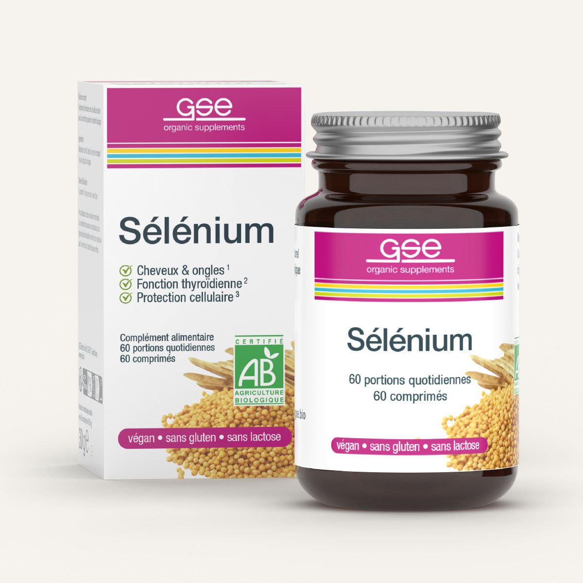 Eine Flasche und eine Schachtel gse.organic.supplements Selen Compact (Bio) FR mit Selen aus Bio-Senfsamen für Haare, Nägel, Schilddrüse, Zellschutz, Immunsystem; mit Symbolen für Veganer, Glutenfreie und Bio-Zertifizierung.