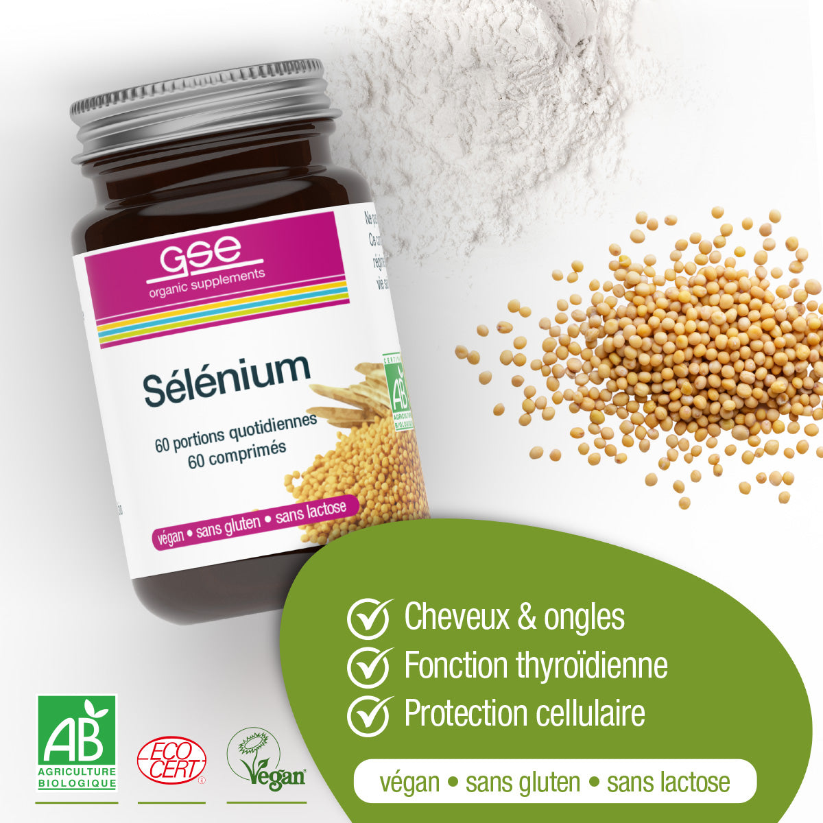 Eine Flasche Selen Compact (Bio) FR von gse.organic.supplements ist mit Bio-Senfkörnern und Ergänzungspulver abgebildet. Die Etiketten heben die Vorteile für Haare, Nägel, Immunsystem, Schilddrüse und Zellen hervor. Zertifiziert biologisch, vegan, gluten- und laktosefrei.