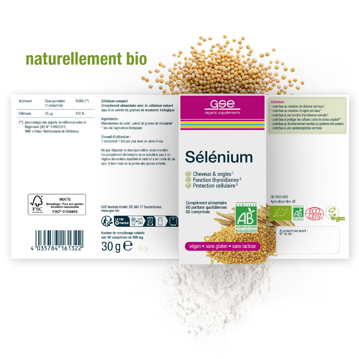 Ein Produktetikett für gse.organic.supplements Selen Compact (Bio) FR zeigt gestreute Bio-Senfkörner, grünen "naturellement bio"-Text und Icons für Bio-Zertifizierung, vegan, glutenfrei, laktosefrei. Inklusive französischer Produktinformation.