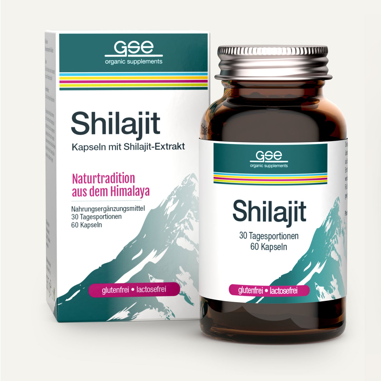 Eine Schachtel und eine Flasche gse.organic.supplements Shilajit mit dem Bild des Himalaya-Gebirges und deutschem Text. Auf der Verpackung steht, dass die Shilajit-Kapseln gluten- und laktosefrei sind.