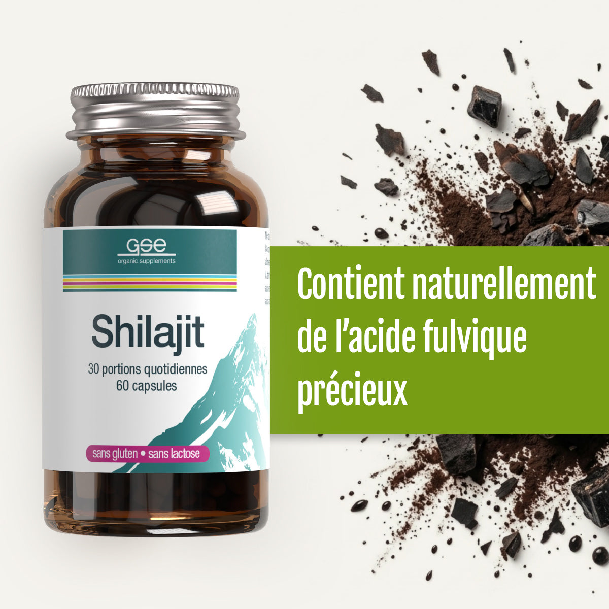 Eine Flasche „Shilajit – Une tradition naturelle issue de l’Himalaya“ von gse.organic.supplements ist neben zerkleinerten schwarzen Mineralstücken vor weißem Hintergrund abgebildet, was die rohe Kraft des Himalaya heraufbeschwört, während ein französischer Text den natürlichen Gehalt an Fulvosäure hervorhebt.