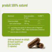 Auf einem grün-weißen Etikett sind die Tagesdosis (2 Kapseln) von „Shilajit – Une tradition naturelle issue de l’Himalaya“ von gse.organic.supplements angegeben, die Nährwertangaben aufgeführt und zwei braune Kapseln abgebildet. Der französische Text hebt hervor, dass jede Tagesdosis 1000 mg hochwertigen Shilajit-Extrakt enthält.