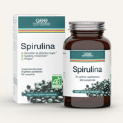 Eine Flasche und Schachtel Spirulina (Tabletten) FR von gse.organic.supplements, mit 240 veganen Tabletten. Zertifiziert biologisch, gluten- und laktosefrei, reich an Eisen; unterstützt das Immunsystem und reduziert Müdigkeit.