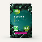 Ein Beutel gse.organic.supplements Spirulina (Tabletten) FR, gekennzeichnet als vegan, glutenfrei und laktosefrei. Die grüne Verpackung hebt Eisen für rote Blutkörperchen, zur Unterstützung des Immunsystems und gegen Müdigkeit hervor.