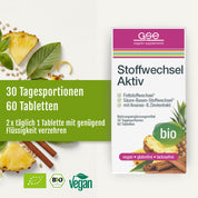 Eine Schachtel gse Bio-Ergänzungsmittel Stoffwechsel Aktiv (Bio) liegt neben Ananasscheiben, Zimtstangen und grünen Blättern. Text-Highlights: 30 Tage, 60 Tabletten, bio, vegan, gluten- & laktosefrei-unterstützt natürlicher Stoffwechsel & Gewichtsmanagement.