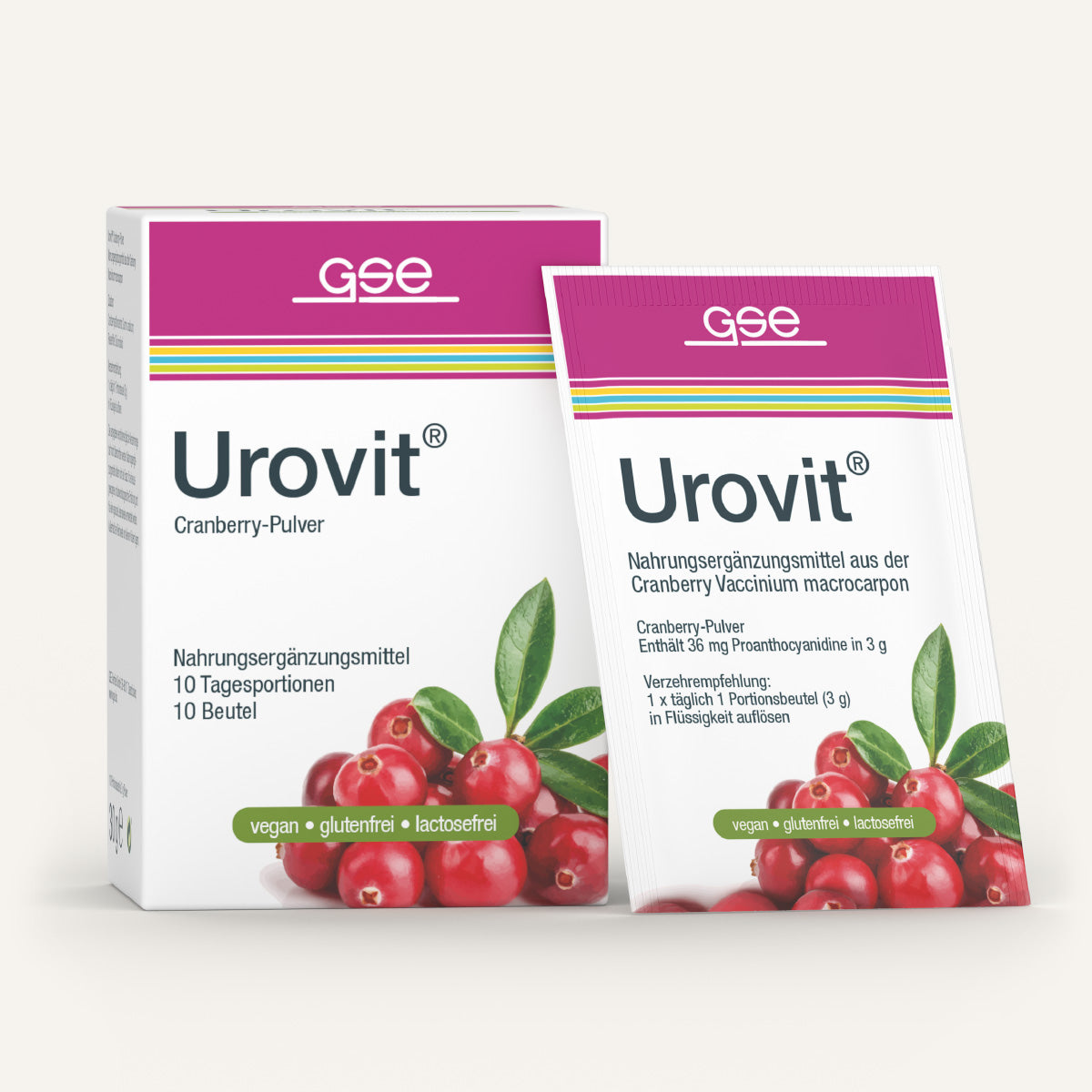 Abgebildet sind eine Schachtel und ein Beutel Urovit®-Cranberry Pulver von gse.organic.supplements mit Cranberries, grünen Blättern und einer Verpackung, die es als veganes, glutenfreies Nahrungsergänzungsmittel mit Proanthocyanidin ausweist.