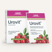 Abgebildet sind eine Schachtel und ein Beutel Urovit®-Cranberry Pulver von gse.organic.supplements mit Cranberries, grünen Blättern und einer Verpackung, die es als veganes, glutenfreies Nahrungsergänzungsmittel mit Proanthocyanidin ausweist.