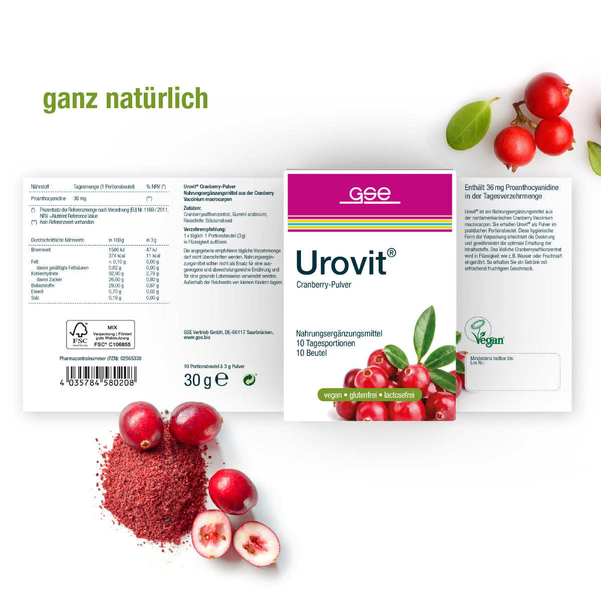 Eine Schachtel Urovit®-Cranberry Pulver von gse.organic.supplements ist mit Cranberries und Produktinformationen in deutscher Sprache abgebildet. Die vegane Verpackung hebt den Proanthocyanidin-Gehalt hervor und weist darauf hin, dass sie gluten- und laktosefrei ist.
