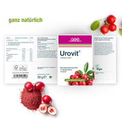 Eine Schachtel Urovit®-Cranberry Pulver von gse.organic.supplements ist mit Cranberries und Produktinformationen in deutscher Sprache abgebildet. Die vegane Verpackung hebt den Proanthocyanidin-Gehalt hervor und weist darauf hin, dass sie gluten- und laktosefrei ist.