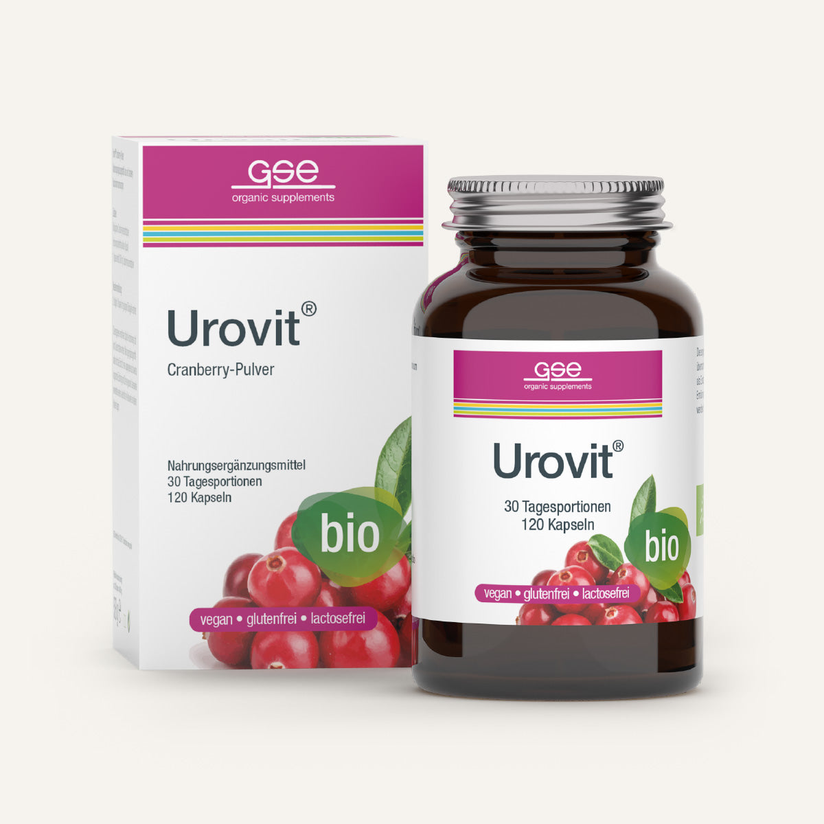 Abgebildet sind eine Flasche und eine Schachtel von gse.organic.supplements Urovit®-Cranberry Kapseln (Bio). Das vegane, glutenfreie und laktosefreie Nahrungsergänzungsmittel enthält 120 Kapseln, auf deren Verpackung Cranberries und Proanthocyanidin angegeben sind.