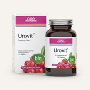 Abgebildet sind eine Flasche und eine Schachtel von gse.organic.supplements Urovit®-Cranberry Kapseln (Bio). Das vegane, glutenfreie und laktosefreie Nahrungsergänzungsmittel enthält 120 Kapseln, auf deren Verpackung Cranberries und Proanthocyanidin angegeben sind.