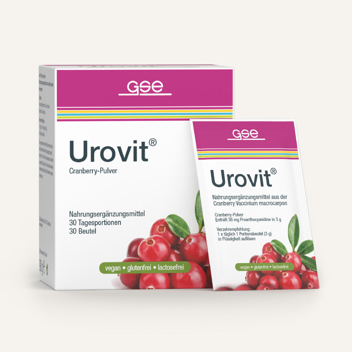 Abgebildet sind eine Schachtel und ein Beutel Urovit®-Cranberry Pulver von gse.organic.supplements mit Bildern von Cranberrys, veganen, glutenfreien und laktosefreien Symbolen sowie einem deutschen Text, der 30 Tagesportionen beschreibt.