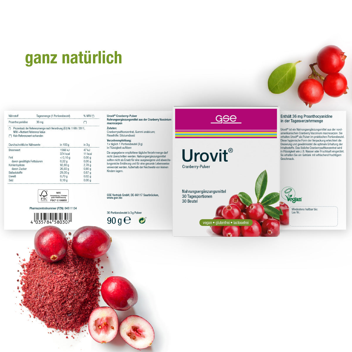 Abgebildet ist eine Schachtel gse.organic.supplements Urovit®-Cranberry Pulver mit Cranberries, Cranberrypulver und Verpackungsdetails. Auf dem Produkt sind der Text "Ganz natürlich" und vegane Symbole zu sehen.