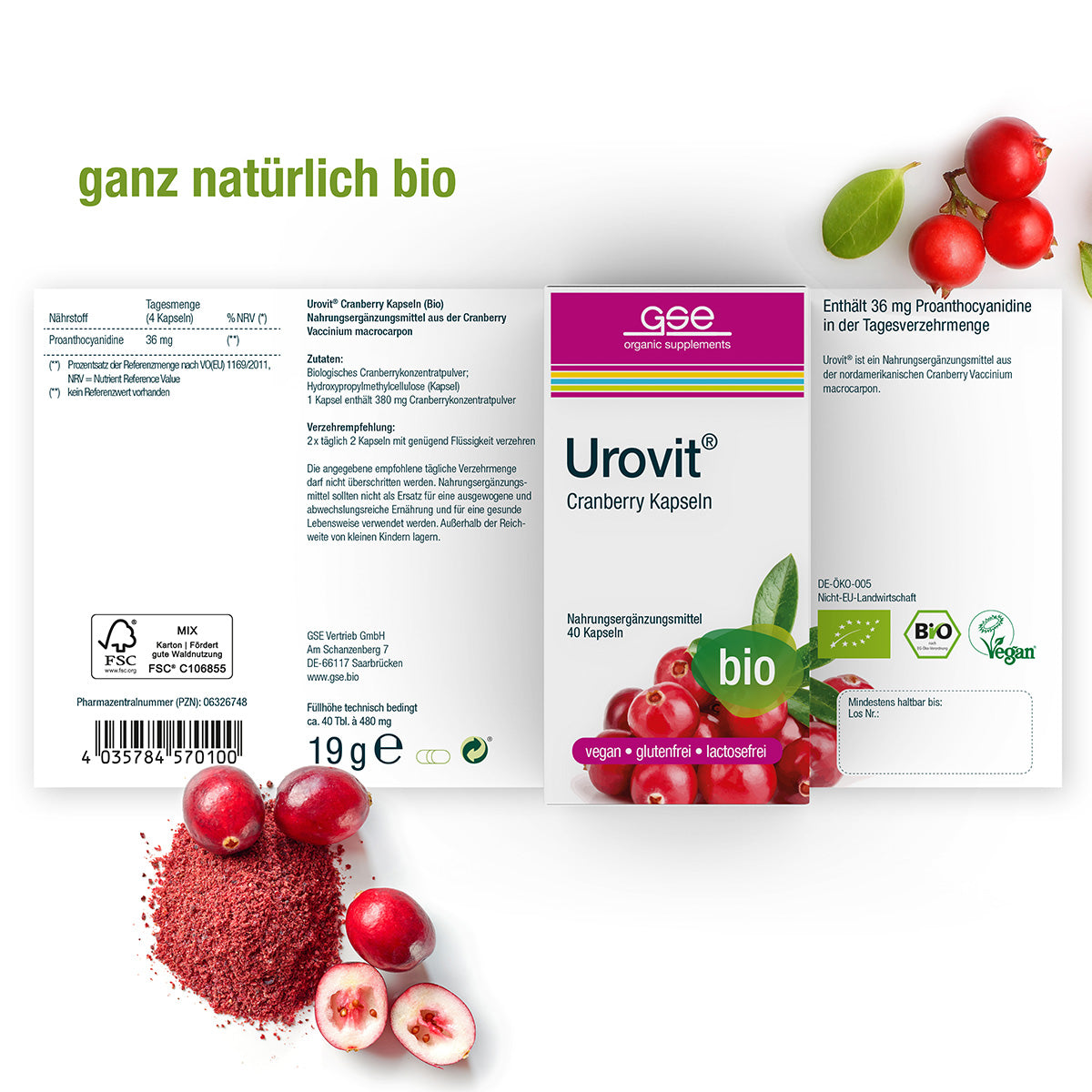 Eine Packungsbeilage für Urovit®-Cranberry Kapseln (Bio) von gse.organic.supplements zeigt Cranberry-Früchte und Pulver. Die Verpackung weist darauf hin, dass dieses Bio-Nahrungsergänzungsmittel vegan, gluten- & laktosefrei, und reich an Proanthocyanidin ist.
