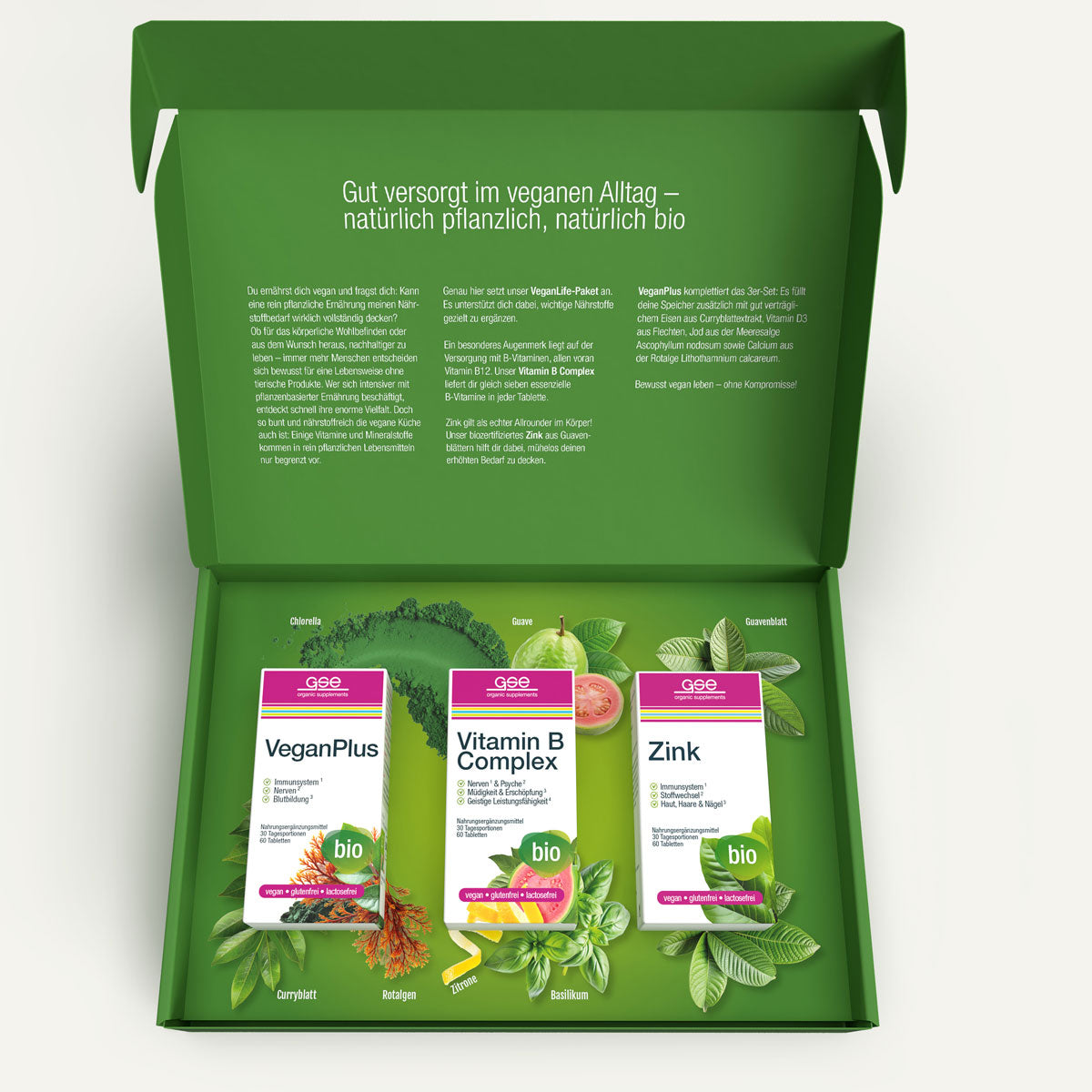 Eine geöffnete grüne Schachtel von gse organic supplements zeigt drei Vegan Life Paket Ergänzungspakete mit Abbildungen von Blattgemüse, Rüben und Basilikum. Der deutsche Text auf der Innenseite des Deckels hebt hervor, dass es ideal für vegane Ernährung ist.