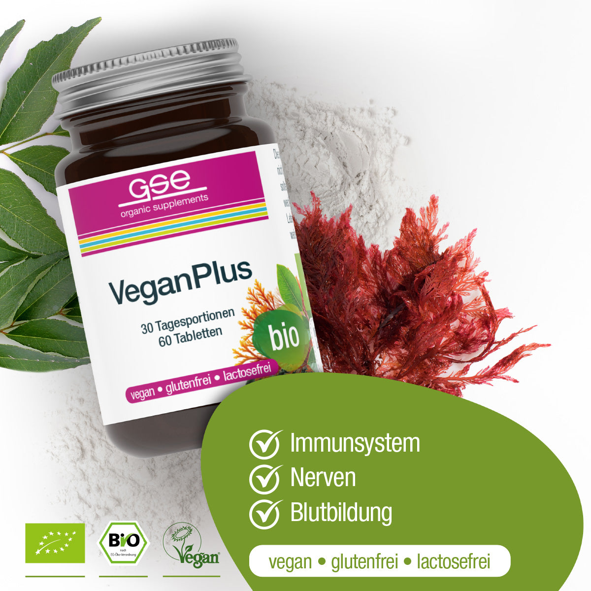 Eine Flasche gse.organic.supplements VeganPlus (Bio) ist mit grünen und roten Blättern abgebildet, die die veganen, glutenfreien und laktosefreien Vorteile hervorheben. Biozertifiziert und reich an pflanzlichen Nährstoffen für eine vegane Ernährung.
