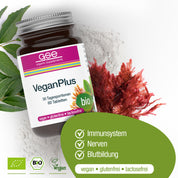 Eine Flasche gse.organic.supplements VeganPlus (Bio) ist mit grünen und roten Blättern abgebildet, die die veganen, glutenfreien und laktosefreien Vorteile hervorheben. Biozertifiziert und reich an pflanzlichen Nährstoffen für eine vegane Ernährung.