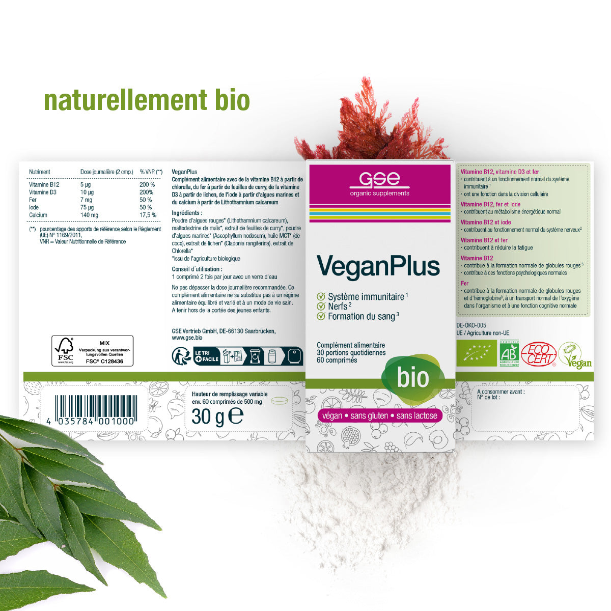 Schachtel und Etikett von VeganPlus (Bio) FR von gse.organic.supplements mit Produktinfos, Vorteilen für vegane Ernährung, Inhaltsstoffen und biozertifiziert vegan. Der Hintergrund zeigt Blätter, Pulver und den Text "naturellement bio".