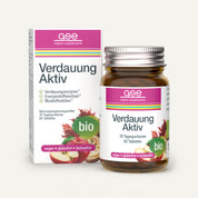 Eine Flasche und eine Schachtel des Bio-Nahrungsergänzungsmittels Verdauung Aktiv (Bio) von gse sind in weißer und magentafarbener Verpackung abgebildet, mit Granatapfel, Kräutern und Symbolen für vegane Zutaten, Kalzium, Verdauungsenzyme, Gluten- und Laktosefreiheit.