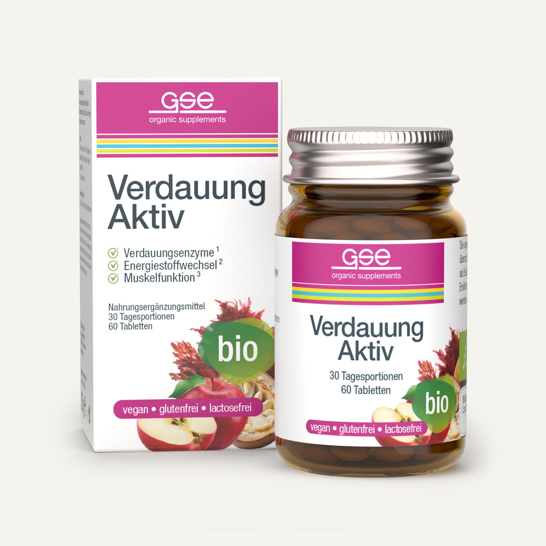 Eine Flasche und eine Schachtel des Bio-Nahrungsergänzungsmittels Verdauung Aktiv (Bio) von gse sind in weißer und magentafarbener Verpackung abgebildet, mit Granatapfel, Kräutern und Symbolen für vegane Zutaten, Kalzium, Verdauungsenzyme, Gluten- und Laktosefreiheit.