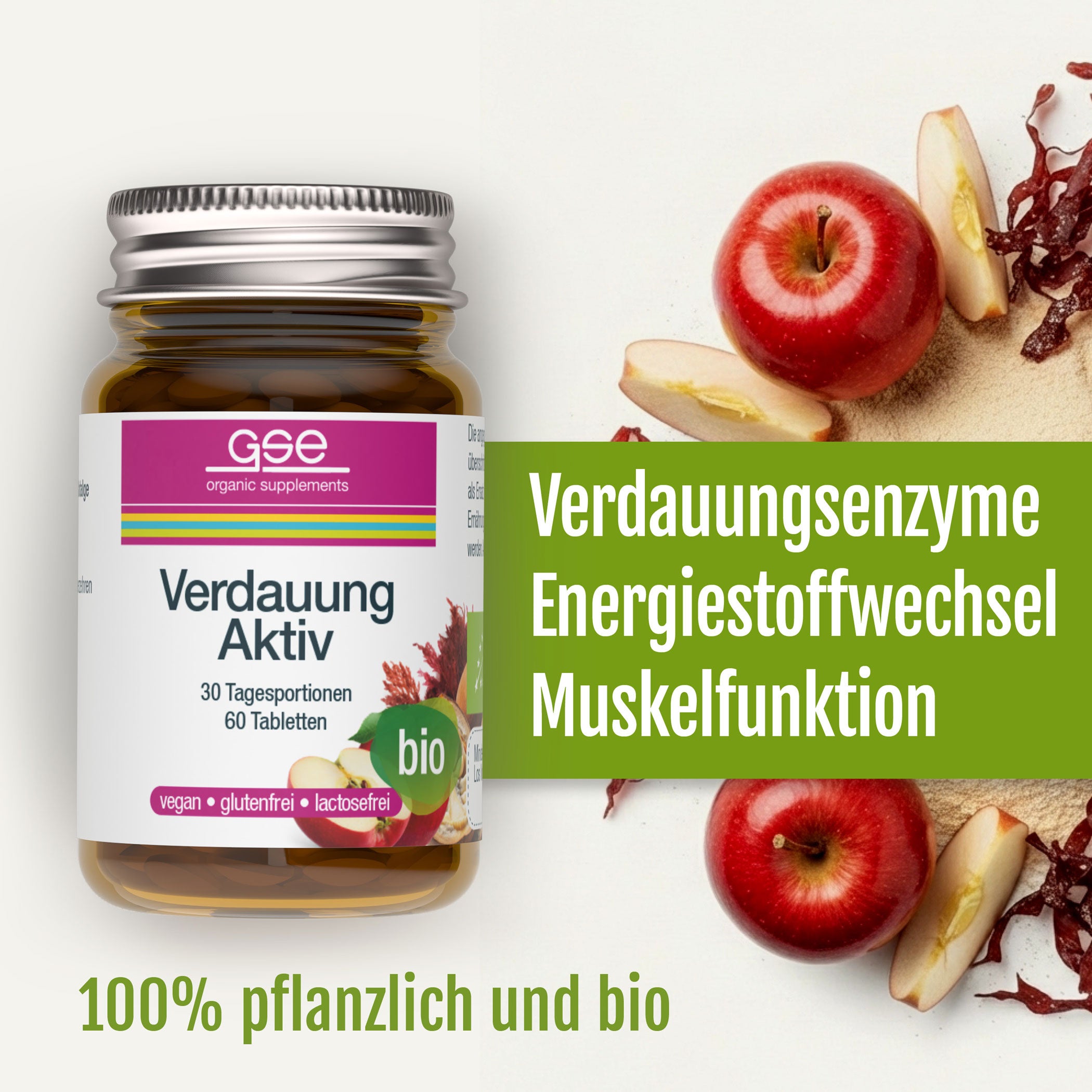 Eine Flasche Verdauung Aktiv (Bio) von gse organic supplements ist neben Äpfeln und Rotalgen abgebildet. Der Text hebt die Verdauungsenzyme, das Kalzium für den Energiestoffwechsel und die Muskelfunktion sowie die zu 100 % pflanzliche, biologische Rezeptur hervor.