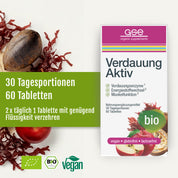 Eine Schachtel mit Verdauung Aktiv (Bio) von gse organic supplements, reich an Verdauungsenzymen und Kalzium, ist neben einer grünen Tafel mit Dosierungsangaben abgebildet, umgeben von Eicheln und Granatapfelhälften. Das Produkt ist bio, vegan, gluten- und laktosefrei.