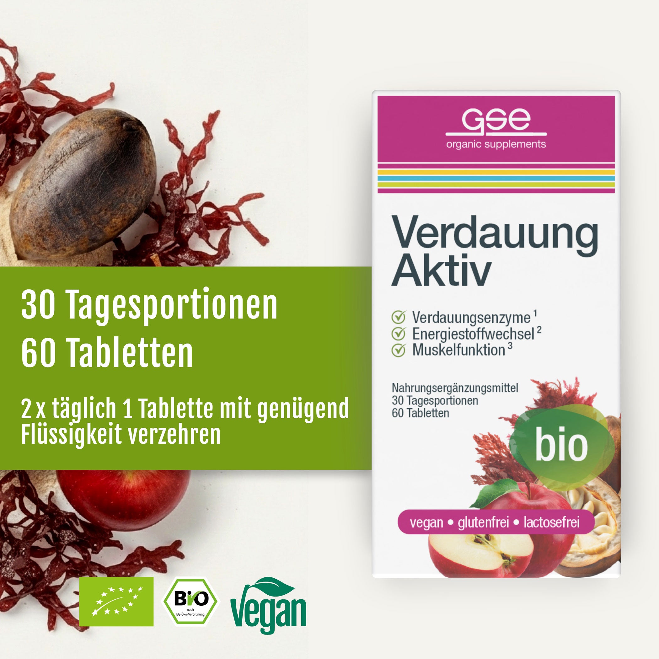 Eine Schachtel mit Verdauung Aktiv (Bio) von gse organic supplements, reich an Verdauungsenzymen und Kalzium, ist neben einer grünen Tafel mit Dosierungsangaben abgebildet, umgeben von Eicheln und Granatapfelhälften. Das Produkt ist bio, vegan, gluten- und laktosefrei.