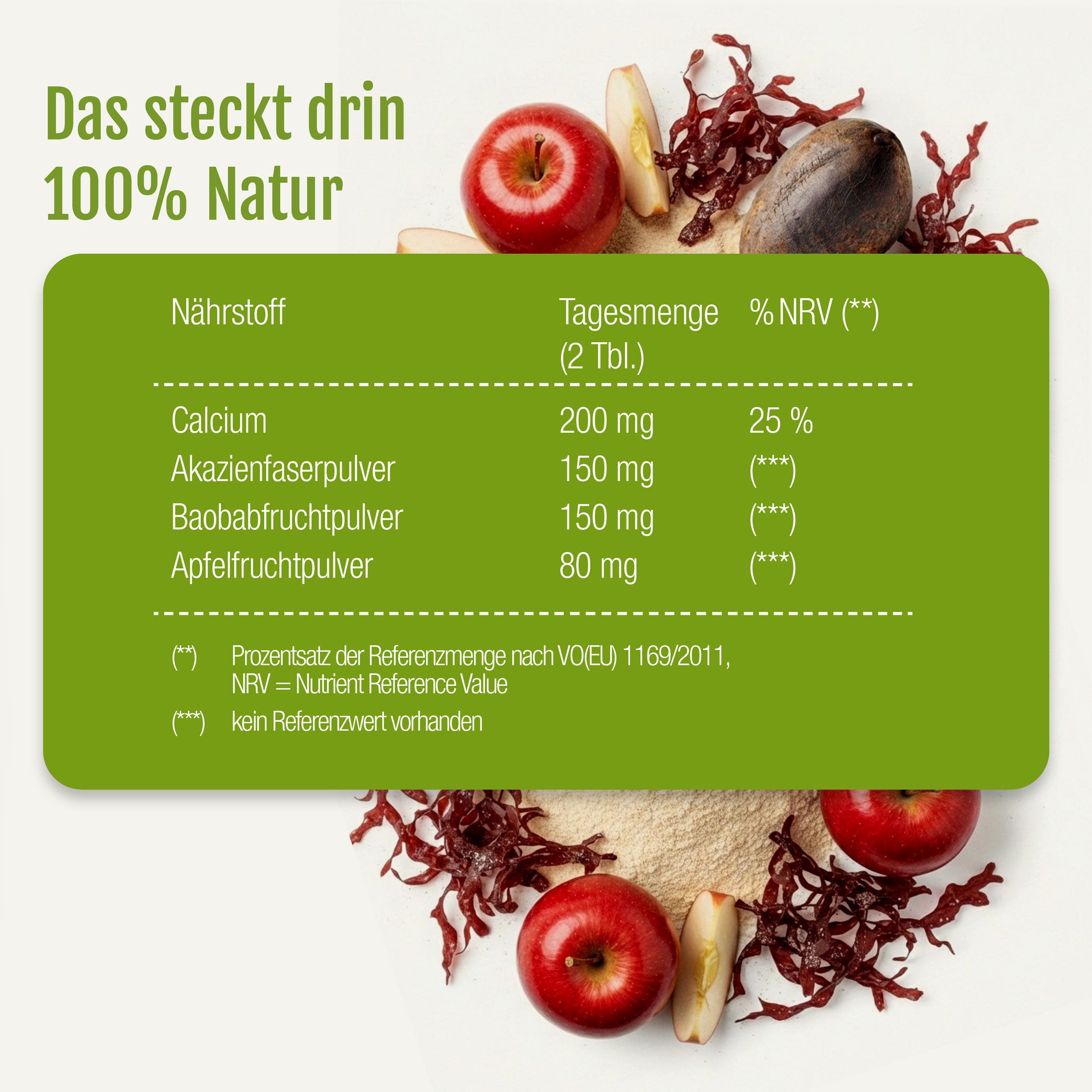 Die Nährwertkennzeichnung für Verdauung Aktiv (Bio) von gse organic supplements listet Kalzium, Ballaststoffe, Baobab- und Apfelpulver sowie Verdauungsenzyme für eine aktive Verdauung in einem grün-weißen Fruchtdesign auf.