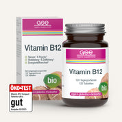 Eine Flasche und Schachtel gse.organic.supplements Vitamin B12 Compact (Bio) Tabletten, bio, vegan, gluten- & laktosefrei, mit Shiitake-Extrakt. Öko-Test bewertet mit "gut". Verpackung hebt Energie- und Nervenunterstützung hervor.